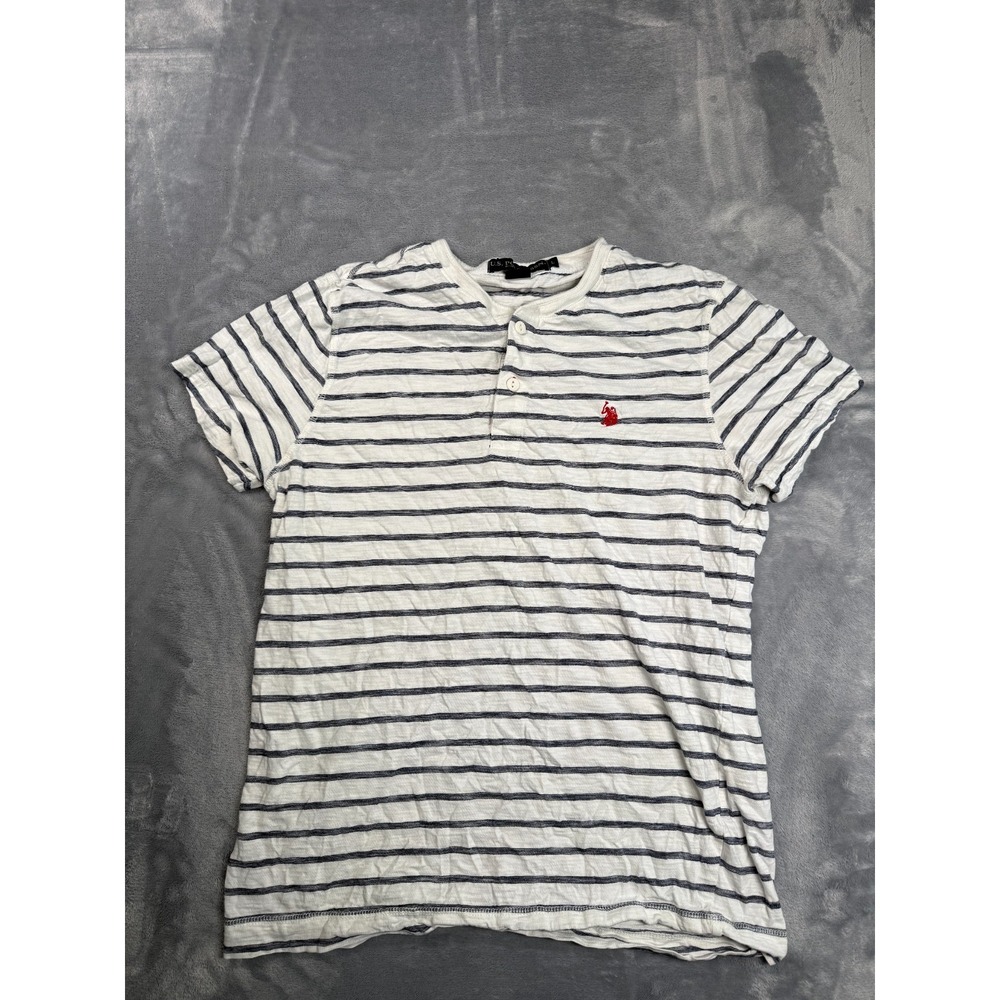 US Polo Assn Mens Henley Shirt L White Blue Striped Cotton Logo 118754PO